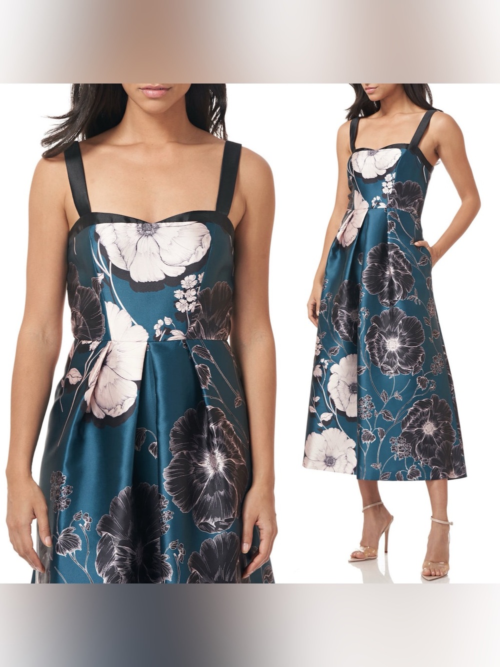 Kay Unger Printed Mikado Sleeveless Tea Length dress Size 10 Fit and Flare Teal - Picture 7 of 7